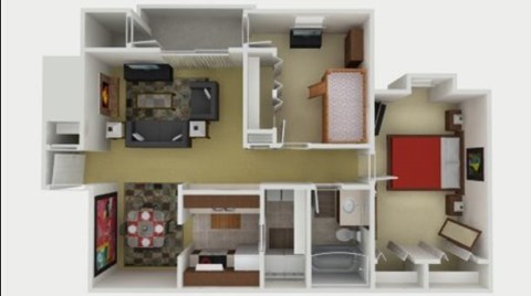 A dollhouse living room with a couch, chair, and television.